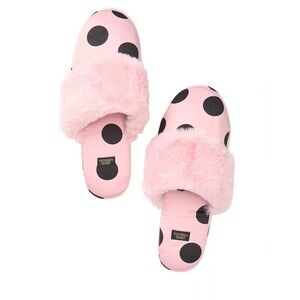 Victoria's Secret Signature Fuzzy Satin Black & Pink Polka Dot Slippers‎ Size M